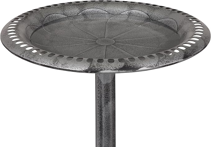 Alpine Corporation TEC116GR Outdoor Pedestal Birdbath w/Scrollwork Base and Stakes, Elegant Birdbath for Garden, 28" H, Gray