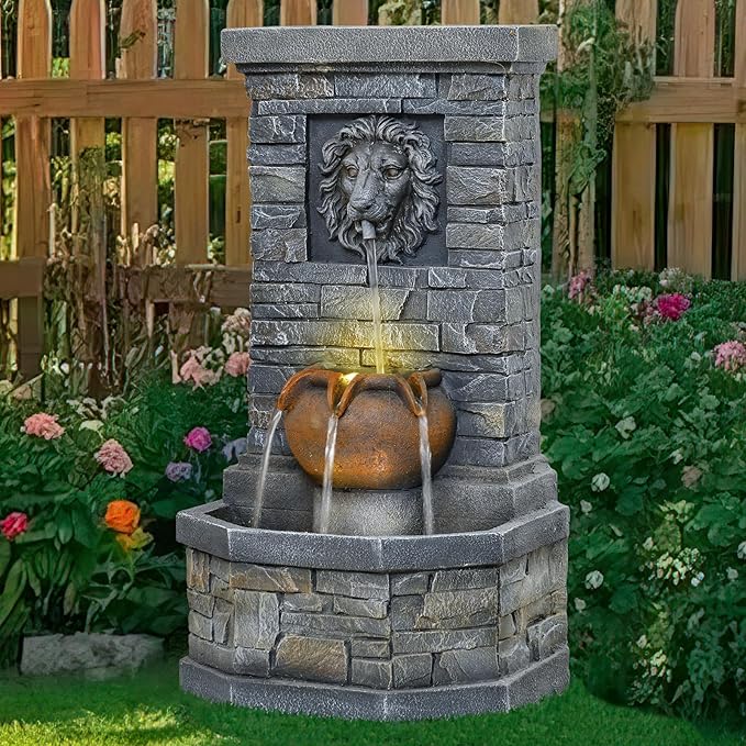 42'' Outdoor Garden Floor-Standing Water Fountain Lion Head Stone with Lights Outdoor Waterfall for Patio, Backyard, Deck, Porch and Home Art Decor