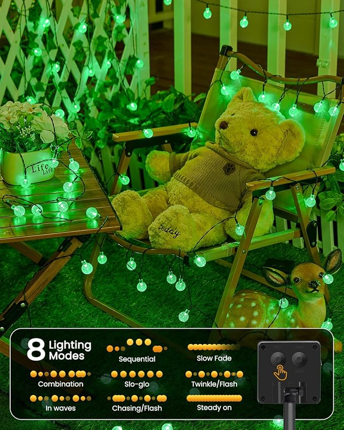 Brightown Solar String Lights Outdoor 60 Led 35.6 Feet Crystal Globe Lights with 8 Lighting Modes, Waterproof Solar Powered Patio Lights for Garden Yard Porch Wedding Party Decor (Green)