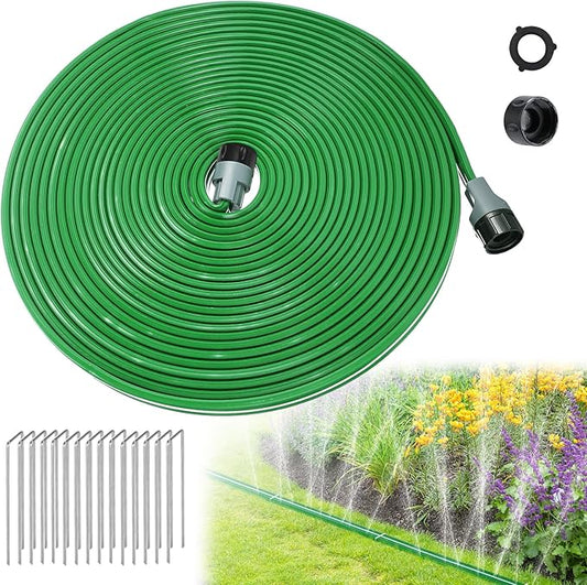 50ft Sprinkler Soaker Hose - Kink-free, Save Water, Flexible - Heavy Duty Three Tube Flat Watering Hose for Garden Yard Lawn Irrigation, With 15 Stakes