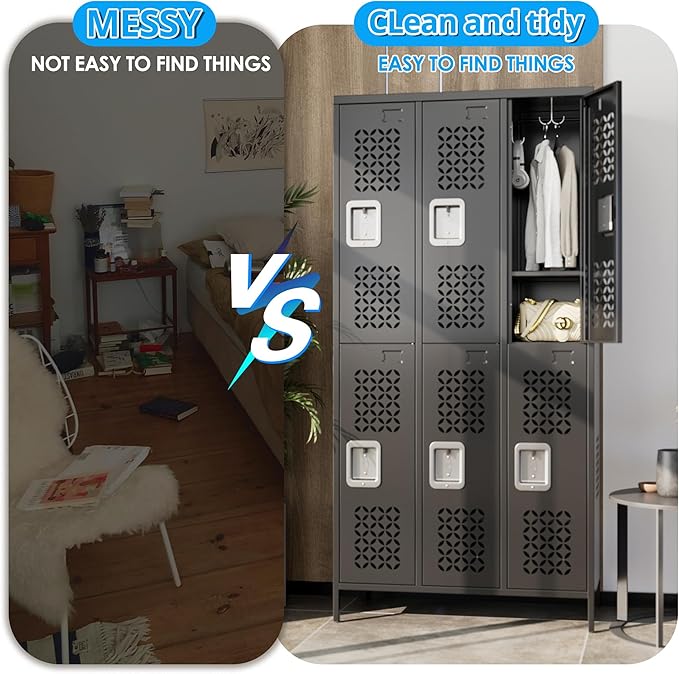 METAN Upgrade Metal Locker for School Office Gym Bedroom,6 Doors Steel Storage Locker Cabinet for Employees,Industrial Storage Locker with 1 Shelves,Assembly Required,Black