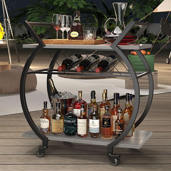 LVB Bar Cart with Wine Rack, 2 Tier Farmhouse Kitchen Cart on Wheels, Modern Wood and Metal Portable Coffee Cart Table for Home, Utility Industrial Mobile Serving Cart with Storage Shelf, Grey Oak