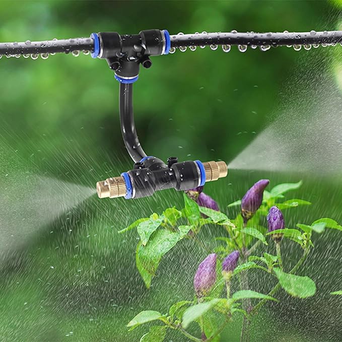 Mornajina 3Packs 2 Way Brass Misting Nozzles Tee with 12inch Built in Hose for Outdoor Cooling System, Adjustable 360° Rotation, Water Mister Nozzles Thread Sprayer 0.043" (1.1 mm)