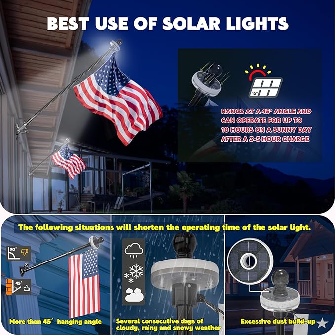 ZMTECH 2 Pcs 6 FT Flag Pole with Solar Light - Adjustable Bracket, Stainless Steel Flag Poles for Outside House, Tangle Free Flag Pole Holder Kit for American Flag (Without Flag, Black)