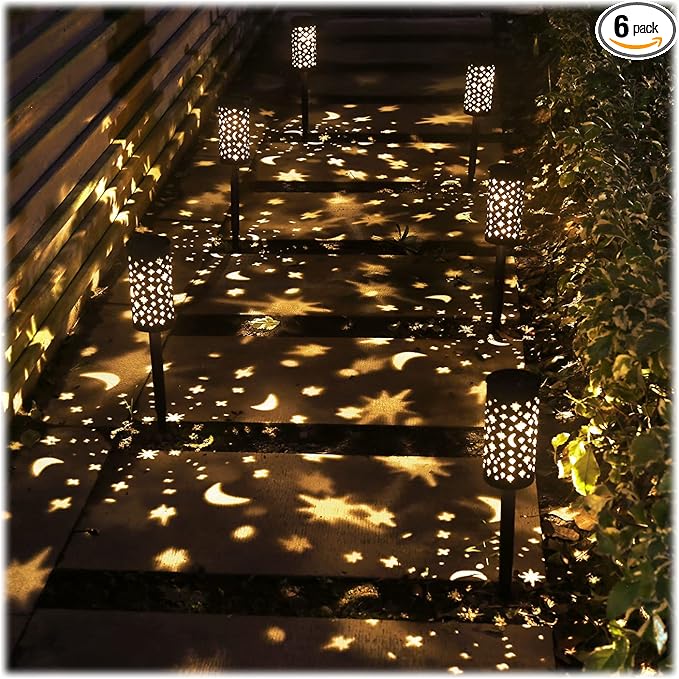 6 Pack Solar Light Outdoor Garden Patio Pathway Landscape Lights Yard Driveway Lawn Walkway Decoration Star Moon Solar Lantern Waterproof Outside Path Hanging Sidewalk Courtyard Black