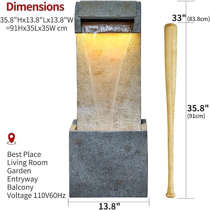 35.83'' Outdoor Garden Cascading Stone Floor-Standing Waterfall Fountain with LED Lights for Patio, Backyard, Deck, Porch and Home Art Decor