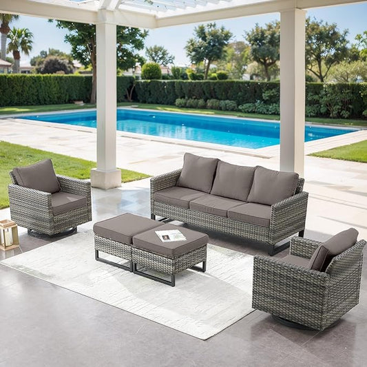 5 Piece Wicker Patio Furniture Set - Outdoor Swivel Rocker Chairs Set with 3 Seat Sofa and Ottomans, Small Patio Conversation Sets Proch Furniture for Balcony Deck - Grey/Grey