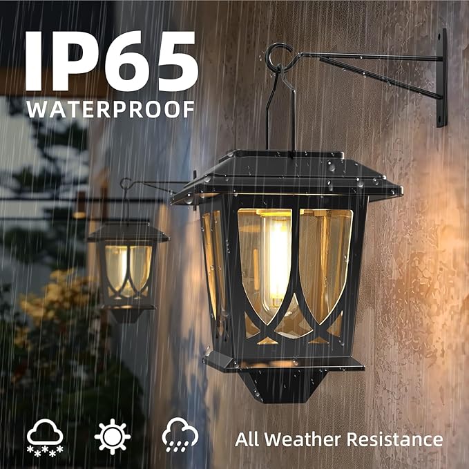 Solar Lanterns Outdoor Waterproof 2 Pack, Glass Auto On/Off LED Hanging Solar Lights, Outdoor Lantern with Wall Mount for Yard Fence Patio - Black