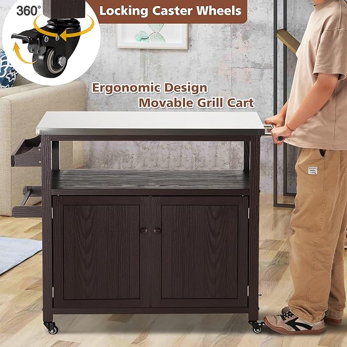 AHB Outdoor Grill Table Solid Wood Storage Cabinet, Rolling Kitchen Island, Movable Bar Cart with Stainless Steel Top for Outside Patio, Backyard, Garden (Two Doors)