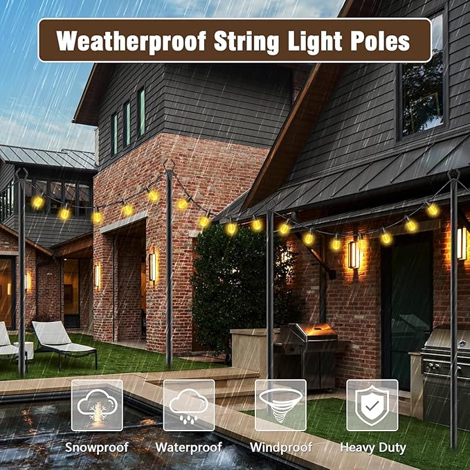 10Ft String Light Poles 2 Pack,Light Poles for Outside Lights,Outdoor with Fence Brackets Hanging Lights,Metal Stand Deck Patio Backyard