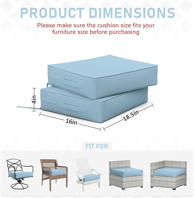 Patio Chair Cushions 18.5 X 16 X 4 Inch Waterproof Outdoor Seat Cushions for Patio Furniture, Outdoor Sofa Couch Pads with Ties & Handle, Set of 2, Light Blue