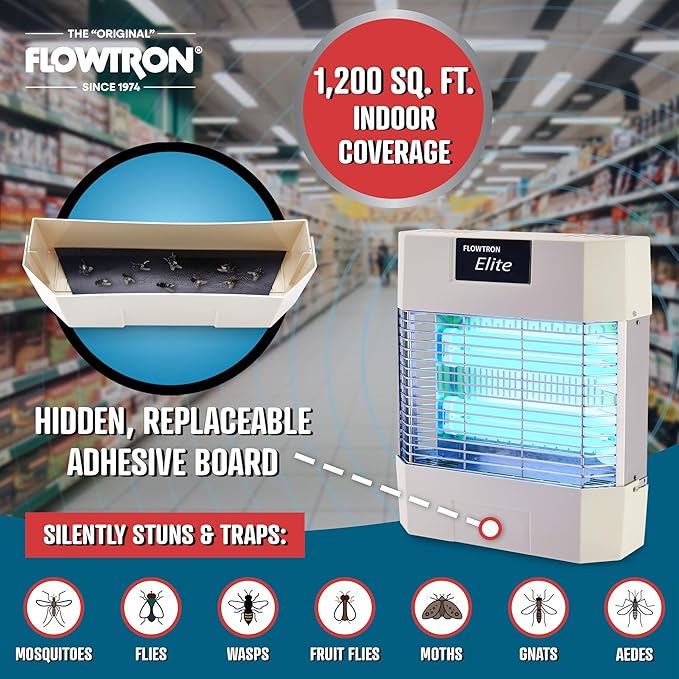 Flowtron Indoor Fly Killer | Electric Low-Voltage Bug Zapper for Gnats & Insects with 80W UV Light & Pheromone Lure, Stun Grid & Sticky Trap | 1200 Sq Ft for Kitchen, Restaurant & Barn, UL Certified
