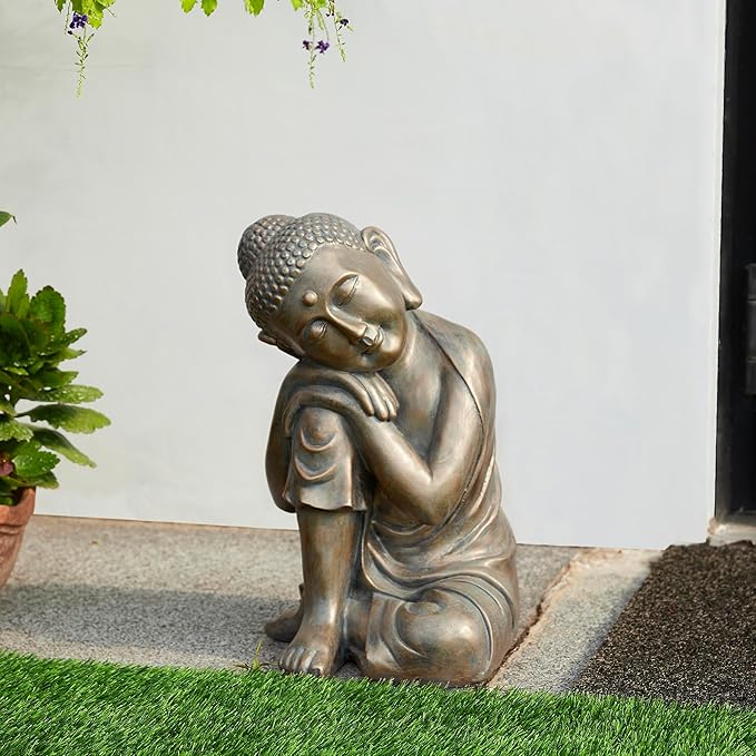 Glitzhome MGO Faux Bronze Resting Buddha Garden Statue Indoor and Outdoor Sculpture Decoration, 18" H