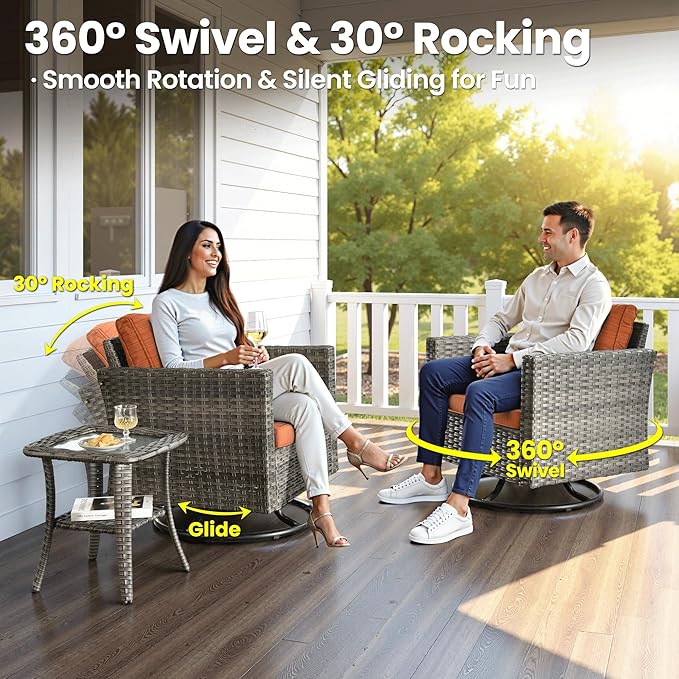 ovios 10 Pieces Patio Furniture Set with Swivel Chairs Rocking Gliders, 54" Fire Pit Table, Outdoor Sofa Couch with Solar Lights Table, Modern Deep Seat Wicker Rattan Conversation Set, Orange Red