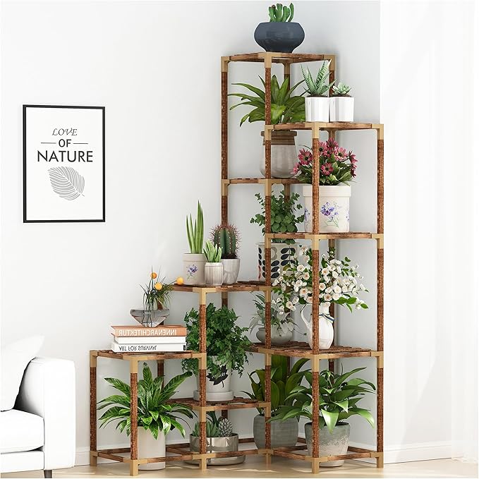 HOMKIRT Plant Stand Indoor Outdoor, 14 Tier Large Corner Plant Stand Tall Plant Shelf Rack Flower Stand For Multiple Plants, Wood Plant Holder Ladder Table Display For Patio Garden Balcony Window