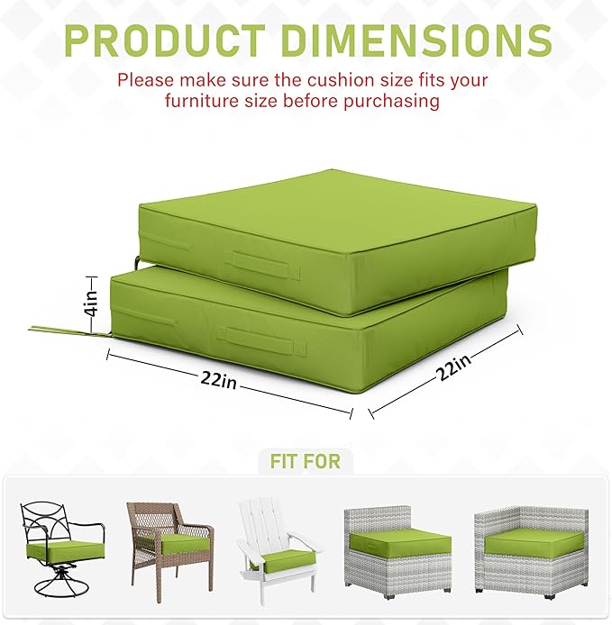 Patio Chair Cushions 22 X 22 X 4 Inch Waterproof Outdoor Seat Cushions for Patio Furniture, Outdoor Sofa Couch Pads with Ties & Handle, Set of 2, Grass Green