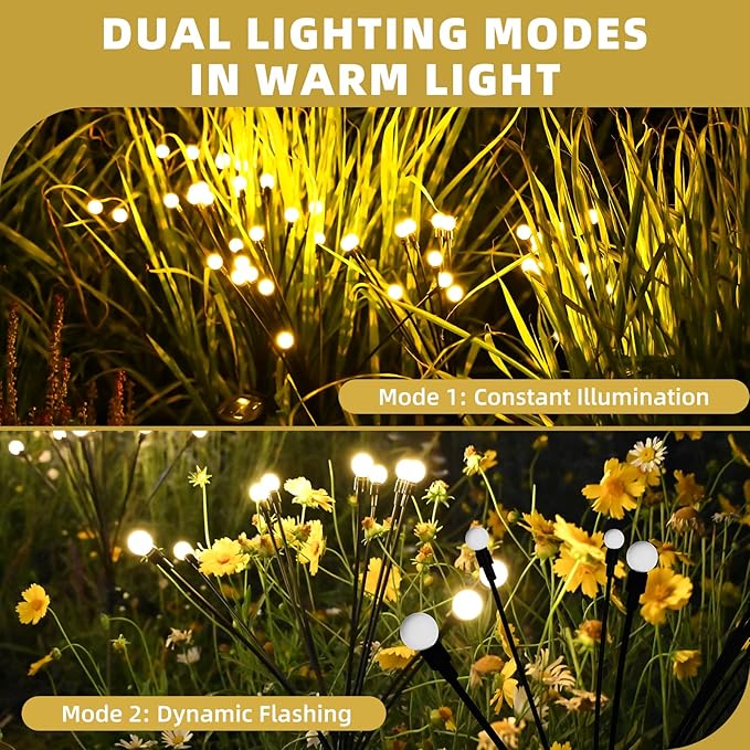 Solar Garden Lights, 4-Pack Dual Mode 40-LED Waterproof Outdoor Solar Firefly Lights for Yard, Patio, Pathway – Warm White Ambiance