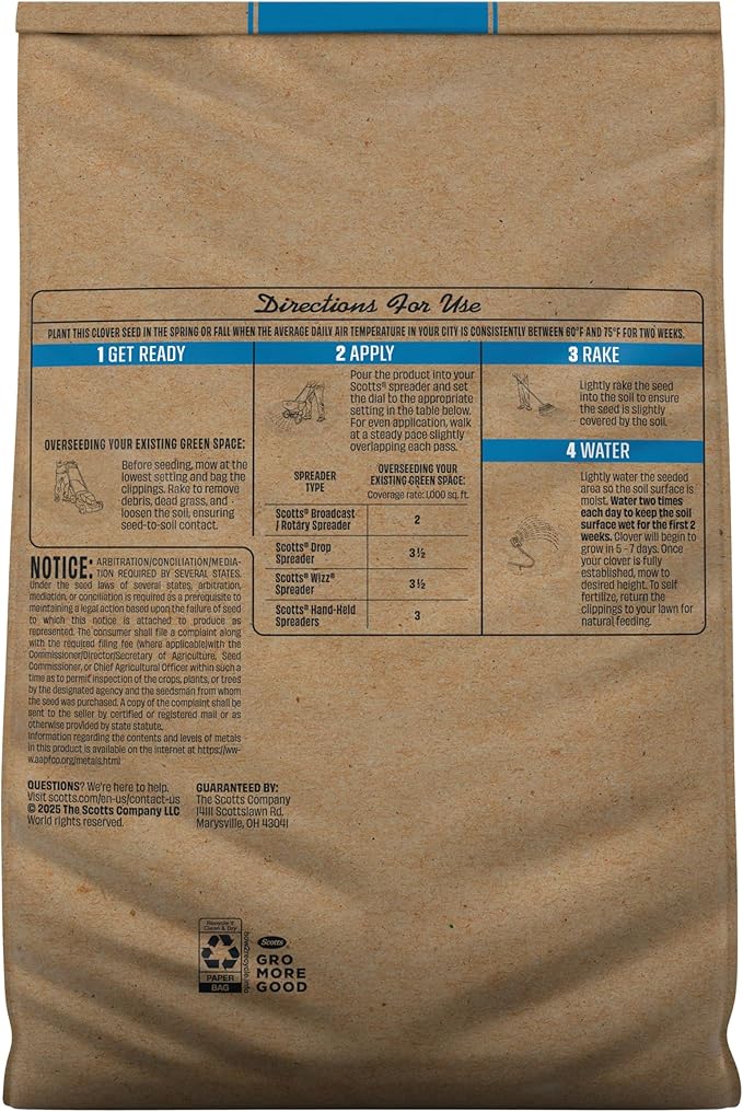O.M. Scott and Sons Clover Seed, Lawn Seed Grows a Naturally Low Maintenance, Drought-Tolerant Lawn, 1,000 sq. ft., 2 lb., 2-Pack