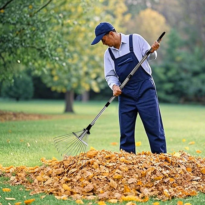 2 Pack Garden Rake for Leaves,Heavy Duty Metal Adjustable Leaf Rake for Lawns,Long Handle 33"-69" with Expandable Head 8"-15",Garden Tools for Yard Lawn Shrub Garden Beds