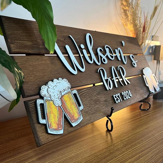 Personalized Wooden Bar Sign with Family Name, Coffee Bar Signs for Kitchen Decor, Business Sign with Established Date, Rustic Wooden Wall Decor, Custom Bar Name Plaque, Gift for Bar Owners