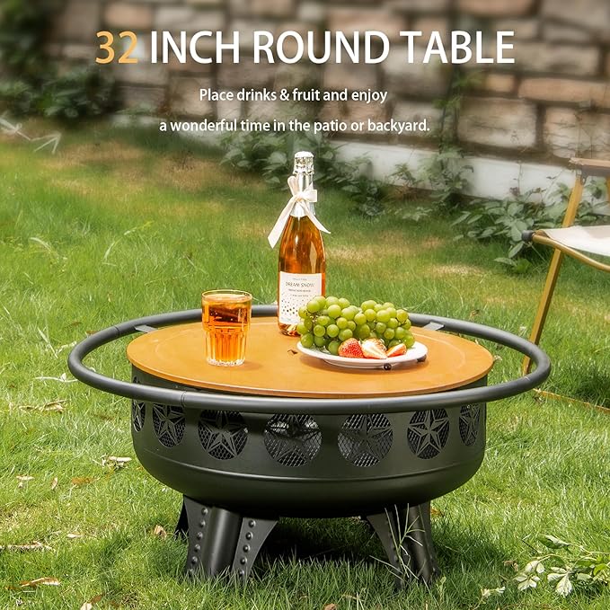 32 Inch Fire Pit with Swivel Cooking Grate,3-in-1 Wood Burning Firepit with Grill,Outdoor Fire Pits Table with Metal Lid and Poker for Outside Patio Backyard BBQ Bonfire Camping (32 Inch)