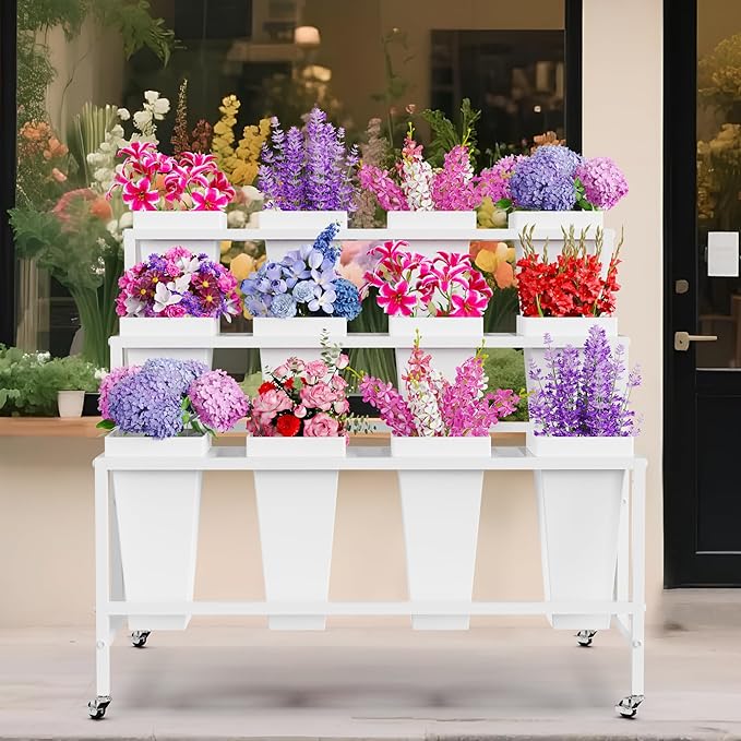 Putros Flower Display Stand with 12 Buckets White 3 Layers Metal Floral Cart with Wheels Moving Florist Bouquet Bar Plant Shelf for Indoor Outdoor Patio Garden Party Decor