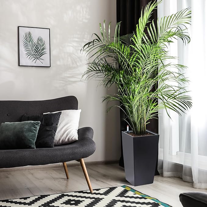 16" Tall Planters Set of 2, Outdoor＆Indoor Black Planter Pots, High Front Porch Planter Pots with Drainage Holes＆Water Level Monitor＆Inner Bucket, Automatic Watering,Black