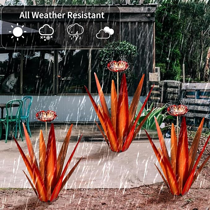 Large Tequila Rustic Sculpture, Rustic Metal Agave Plants for Outdoor Patio Yard, Home Decor Hand Painted Metal Agave Garden Yard Statue, Outdoor Lawn Ornaments (Red - L (W/Bird Feeder))