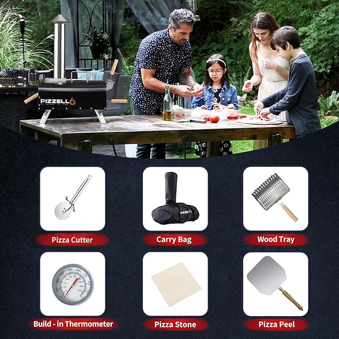 Portable Pellet Pizza Oven Outdoor Wood Fired Pizza Ovens Included Pizza Stone, Pizza Peel, Fold-up Legs, Cover, Pizzello Forte (Black)