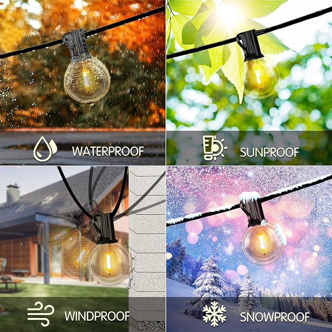 DAYBETTER 100FT Solar String Lights Outdoor Waterproof with Remote,50 LED Bulbs Dimmable&Timer,Patio Lights 3 Installation-Clips,Stakes&Nails for Outside Porch Garden Backyard Bistro