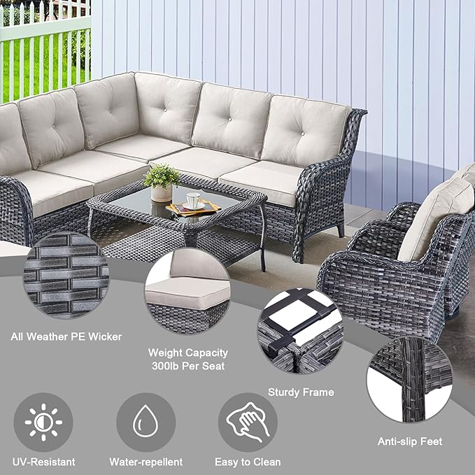 HUMMUH 8 Pieces Outdoor Patio Furniture Set with Fire Pit,L-Shaped Modular Sectional Couches with Swivel Patio Chairs,Wicker Conversation Set for Deck,Backyard,Porch,Garden