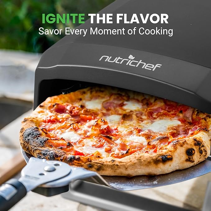NutriChef Portable Outdoor Gas Pizza Oven - Includes Foldable Feet, Adjustable Heat Control Dial, Burner, Stone & Regulator Hose - Cooks 12" Pizza in 60 Seconds - 25.24'' x 16.14'' x 12.40'' IN