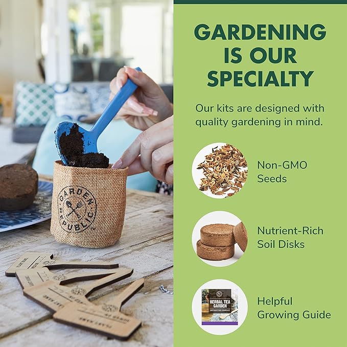 Indoor Herb Garden Seed Starter Kit - Herbal Tea Growing Kits, Grow Medicinal Herbs Indoors, Seeds for Planting, Soil, Plant Markers, Pots, Infuser, Planter Box, Gardening Gifts for Women