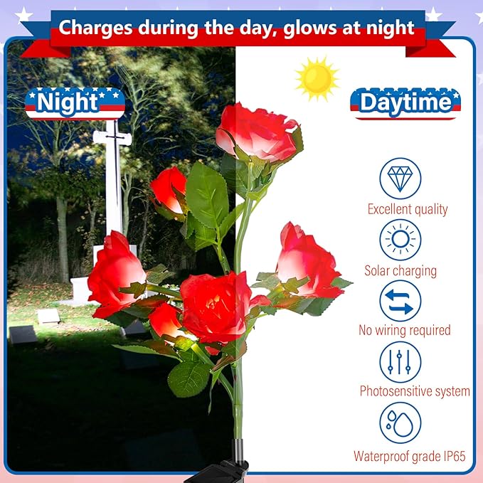 Woanger 4 Pcs Solar Flowers Cemetery Grave Decorations Outdoor LED Flower Lights with 6 Rose Powered Garden Stake Lights Waterproof for Independence Day Grave Decorations(Red, White)
