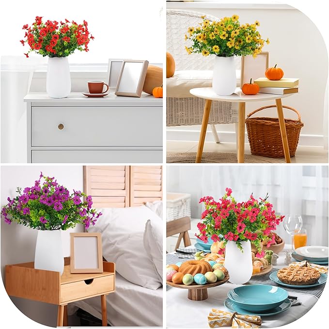 36 Bundles Artificial Flowers Outdoors UV Resistant Fake Plastic Spring Mum Flowers Colorful Silk Plants for Outside Porch Window Patio Home Decor(36, Red, Purple, Yellow, Rose Red)