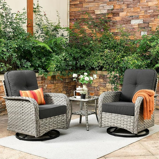 Outdoor Swivel Rocker Patio Chairs with Side Table,Wicker Swivel Rocking Chair Set of 2,3PCS High Back Wicker Patio Furniture Set Glider Chairs for Porch, Balcony, Deck,Yard,Black