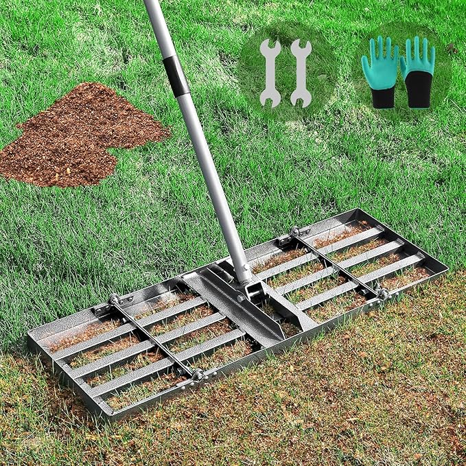 Lawn Leveling Rake, Lawn Leveler with Stainless Steel Long Handle, Heavy Duty Yard Level Tool for Leveling Soil, Sand Or Dirt Surfaces, Gardening Gloves Gift Included (30x10in)