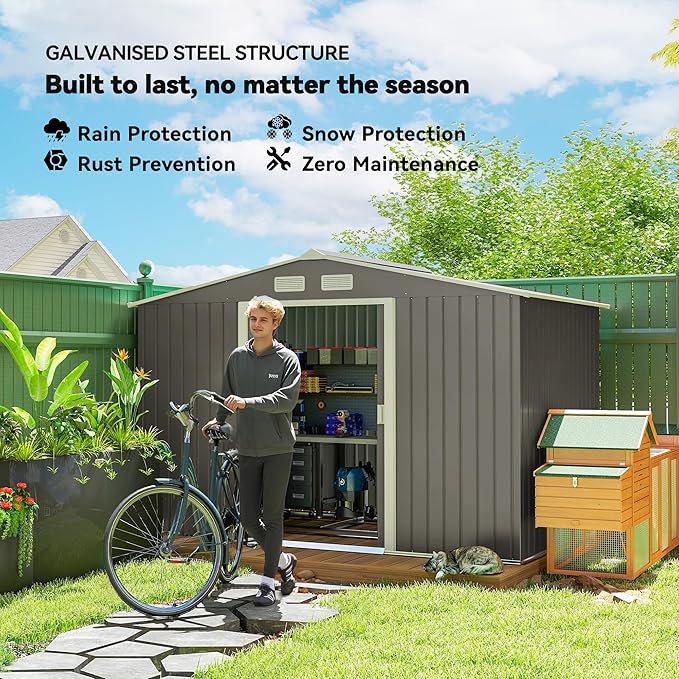 Outsunny 9' x 6' Outdoor Storage Shed, Garden Tool Metal Shed with Foundation Kit, Double Lockable Door, Air Vents and Sloping Roof, for Backyard, Patio, Lawn, Gray