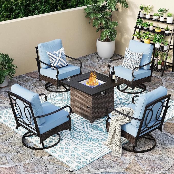 Patio Furniture Set with 32" Fire Pit Table, Patio Conversation Sets 4 Swivel Chairs with Thick Cushion and 50000 BTU Fire Pit Table (5 Pieces,Blue