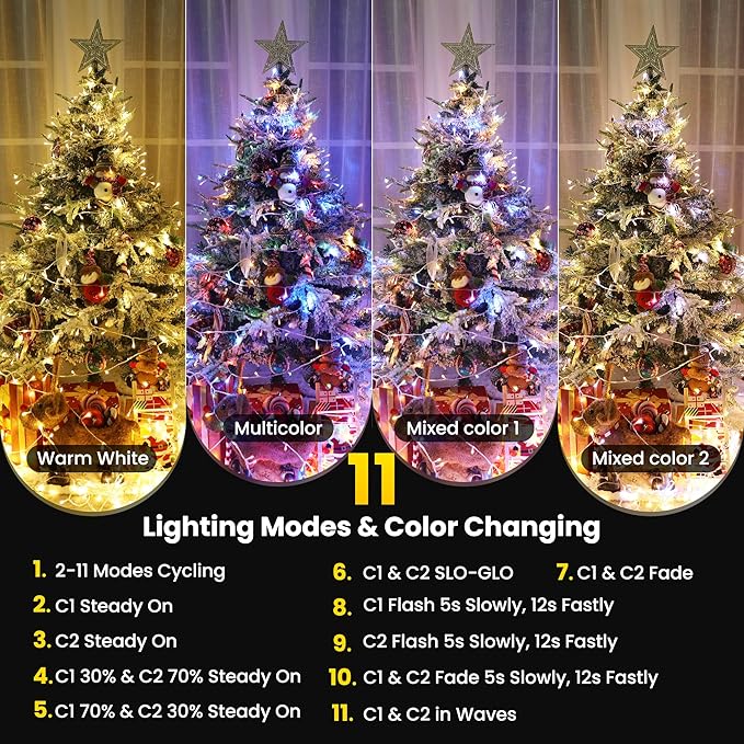 Color Changing Christmas Lights, 75ft 200 LED Warm White & Multicolor Christmas String Lights with Remote, 11 Modes Christmas Twinkle Lights for Christmas Party, Garden, Holiday, Xmas Tree Decorations
