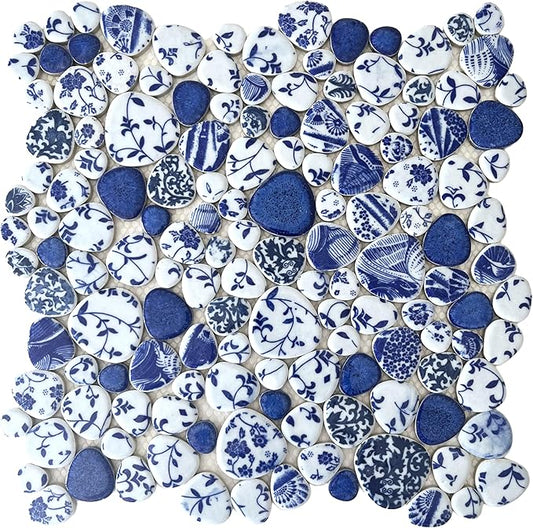 Blujellyfish Blue & White Pebble Tile Porcelain Mosaic Tiles for Art Deco (Pack of 5)
