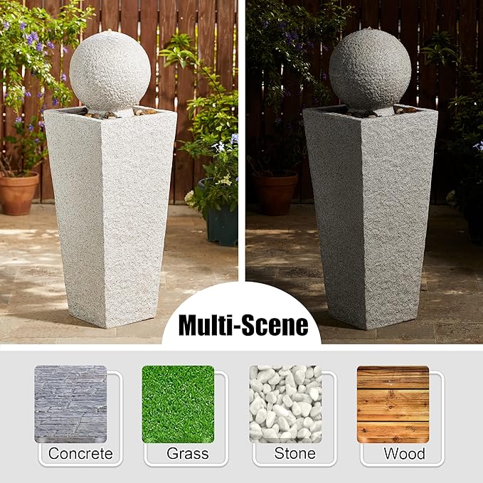 Glitzhome Outdoor Water Fountain with LED Light, Modern Oversized Sphere Pedestal Water Fountain with Submersible Pump, Modern Geometric Outdoor Fountains for Garden Patio Porch, 40.25" H