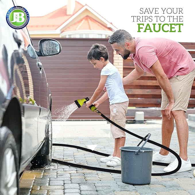 J&B XpandaHose 150ft Expandable Garden Hose with Holder - Heavy Duty Superior Strength 3750D - 4 -Layer Latex Core - Extra Strong Brass Connectors and 10 Spray Nozzle w/Storage Bag (Black 150)