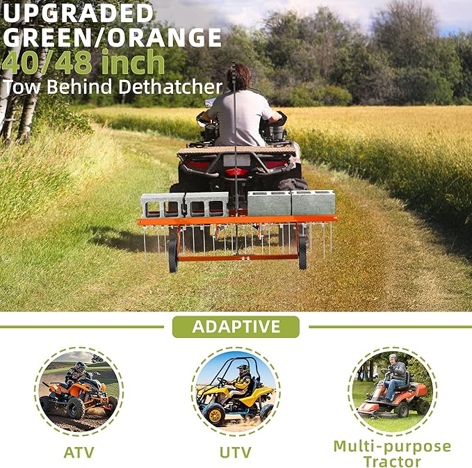 40 Inch Orange Tow-Behind Dethatcher with 20 Spring Steel Tines, Pull Dethatcher for Outdoor Yard Care, Garden Farm Grass Tractor Rake to Remove Thatch, Leaves and Needles from Large Lawn Areas