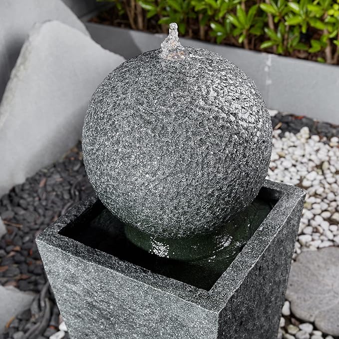 Glitzhome Outdoor Water Fountain with LED Light, Oversized Modern Sphere Pedestal Water Fountain with Submersible Pump, Outdoor Fountains Garden Waterfall for Patio Deck Porch, 40.25" H