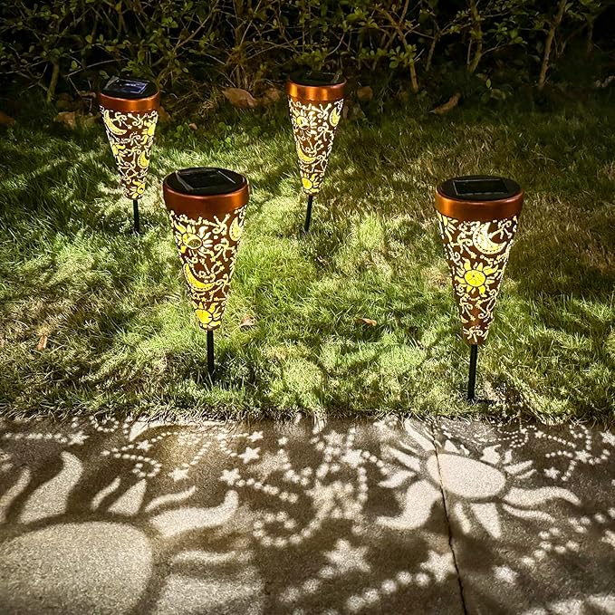DIBIEECN 2 Pack Sun and Moon Solar Pathway Lights Outdoor,Metal Garden Decorations Outdoor Lights with Patterns and Warm Light,Waterproof Landscape Lighting for Path Patio Backyard Walkway Yard