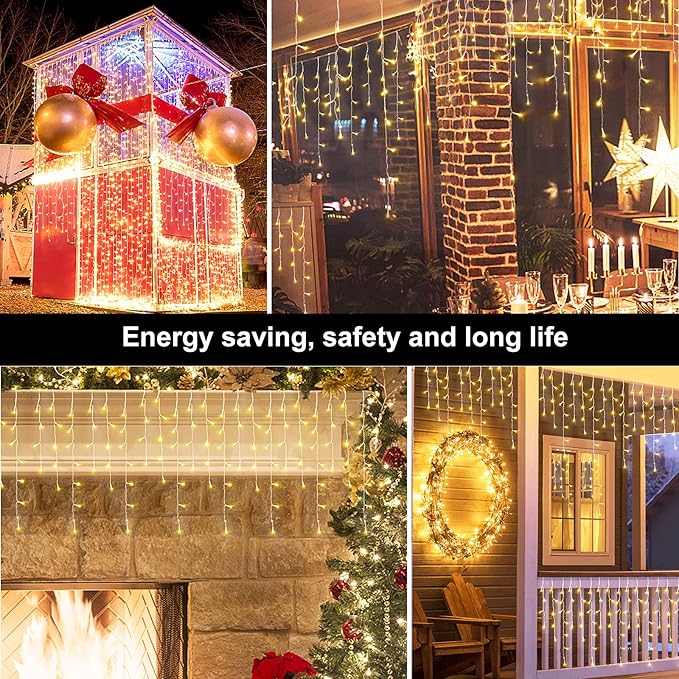 DDMY Christmas Lights Outdoor Decorations 416 LEDs 34 FT 8 Modes Curtain String Light with 78 Drops, Waterproof Clear Wire LED Light for Christmas Party Decor, House, Garden, Yard Decoration
