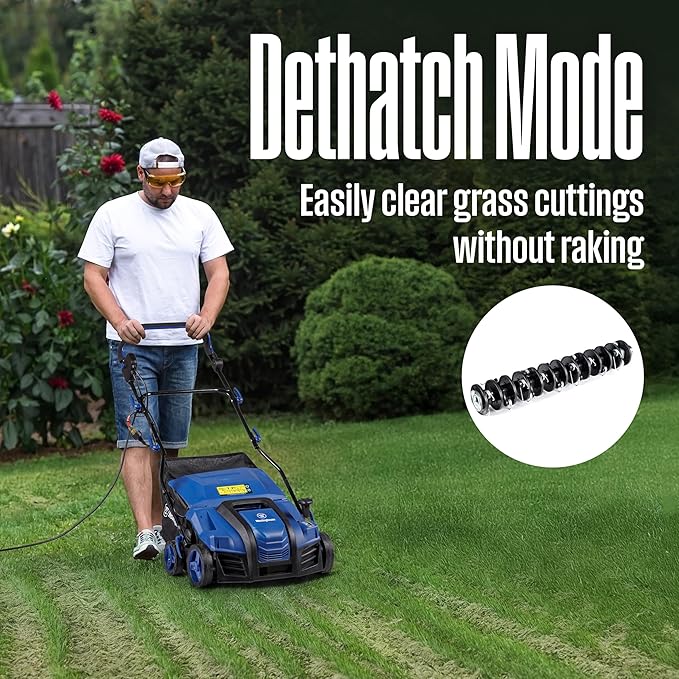 Westinghouse 16-Inch 15 Amp 2-in-1 Corded Electric Dethatcher and Aerator with 14.5 Gallon Thatch Collection Bag, 5-Position Depth Adjustment and 3-Position Angle Settings