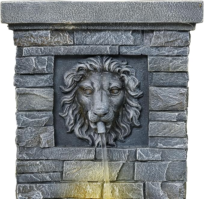 26'' Outdoor Garden Floor-Standing Water Fountain Lion Head Stone with Lights Outdoor Waterfall for Patio, Backyard, Deck, Porch and Home Art Decor