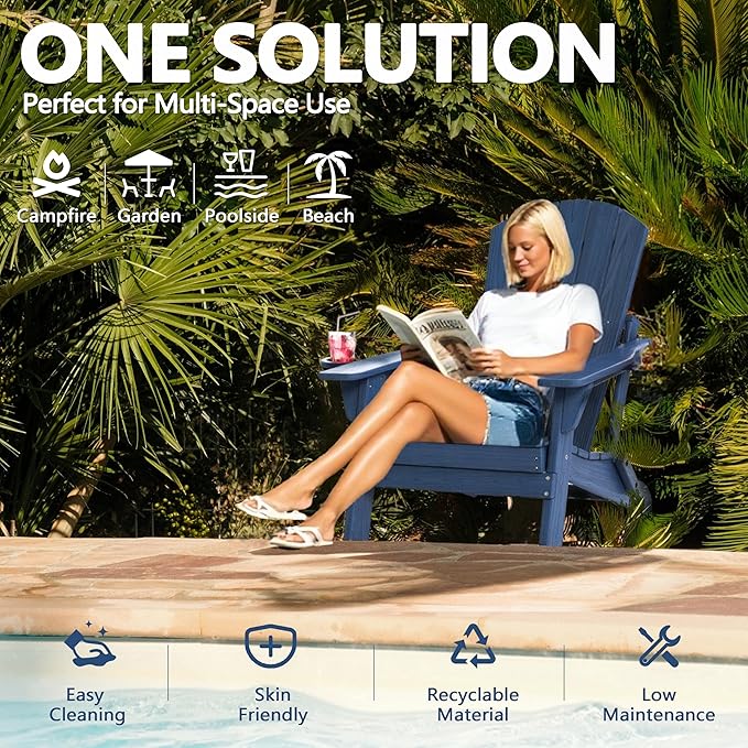 Folding Adirondack Chair with Cup Holder, HDPE All Weather Resistant Plastic Outdoor Patio Chairs, Heavy Duty Fire Pit Seating for Backyard Lawn Garden, Wooden Textured Design(Navy Blue)